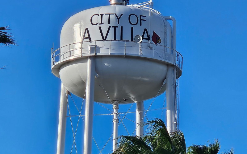 City of La Villa water tower against a clear Texas sky — local landmark in Hidalgo County, TX