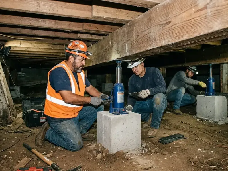Action House Leveling crew lifting a Rio Grande Valley pier and beam home with blue hydraulic bottle jacks on freshly poured concrete pier pads in the crawlspace