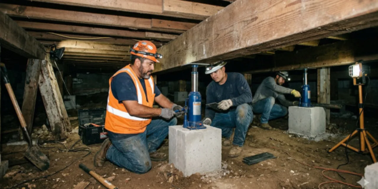 Crew lifting a Rio Grande Valley pier and beam home with hydraulic bottle jacks on new concrete pads
