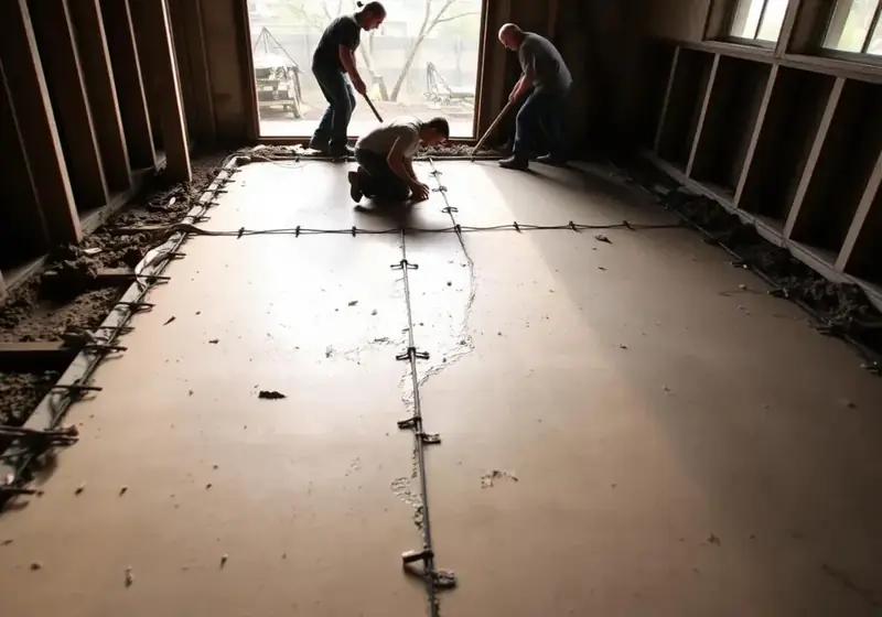 Worker finishing a fresh poured concrete slab over a former wood subfloor with rebar grid in an RGV home